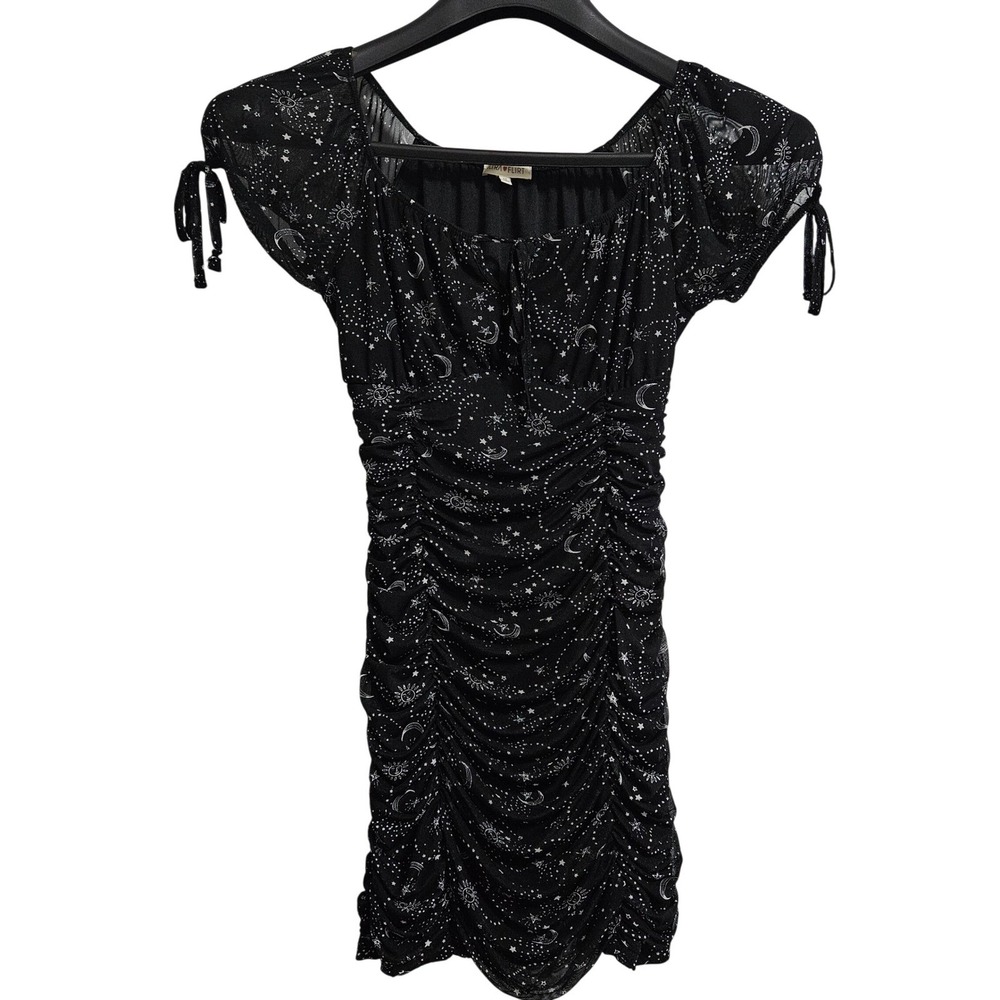 Gothic Whimsigoth Celestial Ultra Flirt Ruched Mini Dress Womens M Black Bodycon